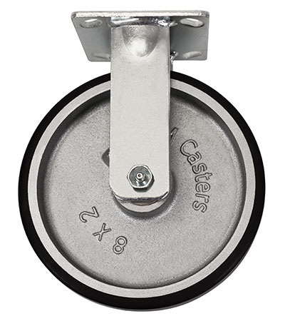 Side view of rigid caster with black and silver wheel